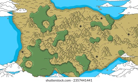 Mapa pirata dibujado a mano con el terreno y la plantilla de juego de tablero de ruta. Mapa de rutas de la bahía de la playa. Costa, playa, montañas, ríos y carreteras en el mapa infantil. Dibujo vectorial de dibujos animados para niños