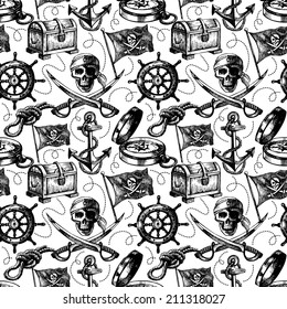 Hand drawn pirate seamless pattern. Sketch vector illustration