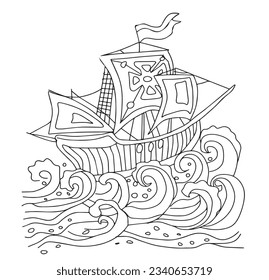 Hand drawn pirate ship illustration. Cartoon sketch of retro ship on waves. White background coloring page for kids and adults