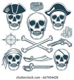Hand drawn pirate skull and attributes set.
Engraving style.
