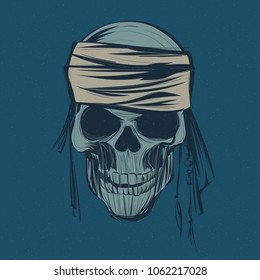 Hand drawn pirate skull with beige bandanna on dark desaturated blue background with grunge texture