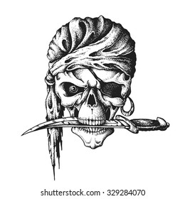 Hand Drawn Pirate Skull In Headscarf With Knife. Vector Illustration