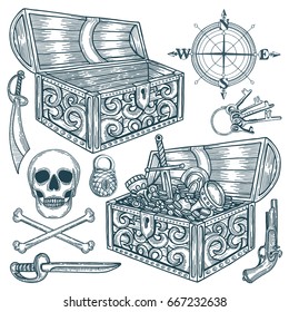Hand drawn pirate treasure and attributes set.
Engraving style.