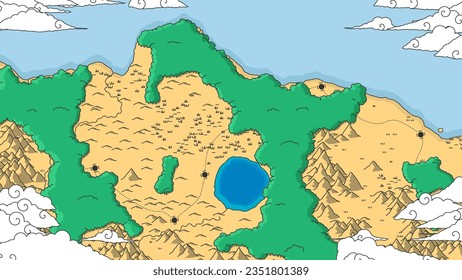 Mapa del tesoro pirata dibujado a mano con terreno y ruta. Mapa de rutas de la bahía de la playa. Costa, playa, montañas, ríos y carreteras en el mapa infantil. Dibujo vectorial de dibujos animados para niños