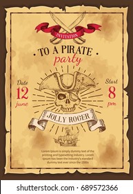 Hand drawn pirates elements print poster with retro sketch of skull in tricorn and decorative text vector illustration