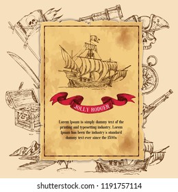 Hand drawn pirates elements with ships flags and treasure chest images overlaid by decorative background poster vector illustration