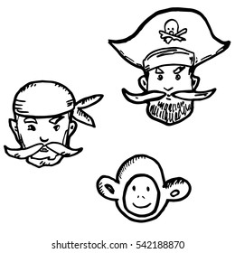 Hand drawn pirates and monkey faces in sketch style illustration. For kids prints and designs.