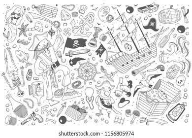 Hand drawn pirates set doodle vector background