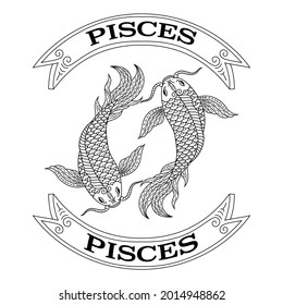 Hand drawn of pisces in zentangle style