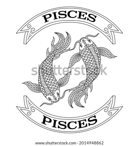 Hand drawn of pisces in zentangle style