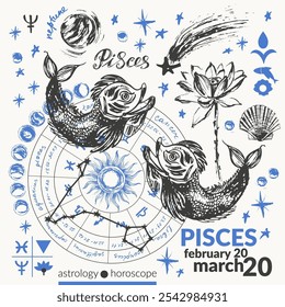 Hand drawn pisces zodiac sign illustration, horoscope background with astrology symbols and talismans. Zodiac wheel, planets, sun, moon, star constellations, lotus, shell.