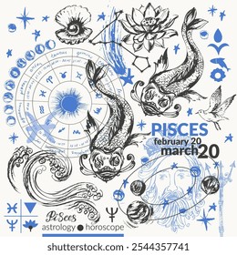 Hand drawn pisces zodiac sign illustration, horoscope background with astrology symbols and talismans. Zodiac wheel, planets, sun, moon, star constellations, lotus, pearl, shell.