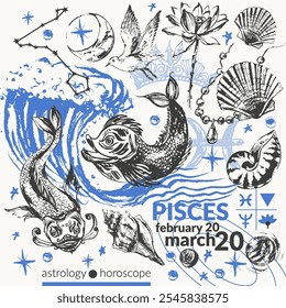 Hand drawn pisces zodiac sign illustration, horoscope background with astrology symbols and talismans. Zodiac wheel, planets, sun, moon, star constellations, lotus, shell, pearls, seagull.