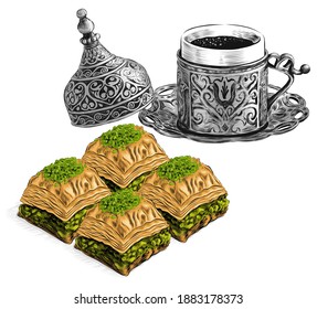 Hand drawn pistachio baklava and turkish coffee set vector illustration. Traditional turkish silver coffee cup.