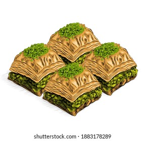 Hand drawn pistachio baklava vector illustration.