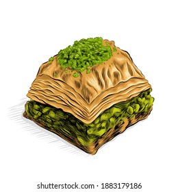 Hand drawn a pistachio baklava vector illustration.