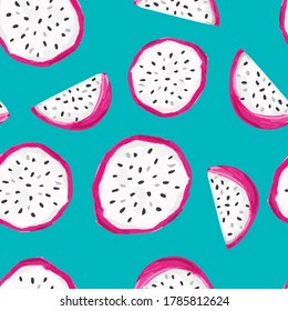 Ilustración del vector de frutas de Pitaya dibujado a mano. Patrón sin brillo Fondo de Fruta Dragón Rojo. Impresión de tendencia para textiles de verano. Patrón de moda.