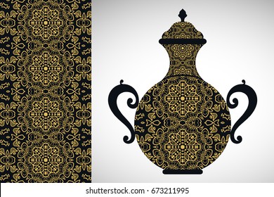 Hand drawn pitcher, vase with golden ornament and vertical seamless pattern. Decorative doodle texture, isolated elements for textile fabric, paper print, invitation or card design