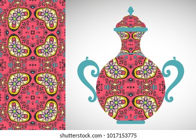 Hand drawn pitcher, vase with ornament and vertical seamless pattern. Decorative doodle texture, isolated elements for textile fabric, paper print, invitation or card design