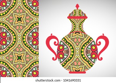 Hand drawn pitcher, vase with ornament and vertical seamless pattern. Decorative doodle texture, isolated elements for textile fabric, paper print, invitation or card design