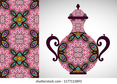 Hand drawn pitcher, vase with ornament and vertical seamless pattern. Decorative doodle texture, isolated elements for textile fabric, paper print, invitation or card design
