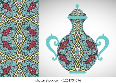Hand drawn pitcher, vase with ornament and vertical seamless pattern. Decorative doodle texture, isolated elements for textile fabric, paper print, invitation or card design