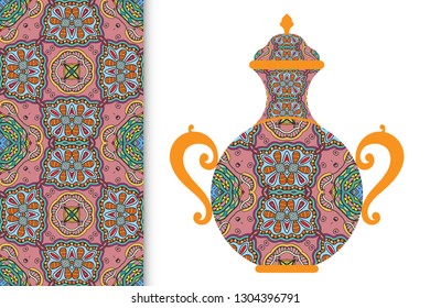 Hand drawn pitcher, vase with ornament and vertical seamless pattern. Decorative doodle texture, isolated elements for textile fabric, paper print, invitation or card design