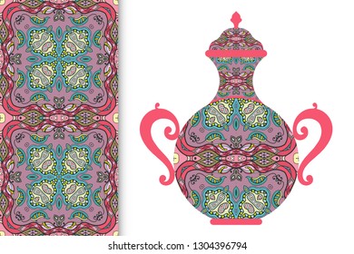 Hand drawn pitcher, vase with ornament and vertical seamless pattern. Decorative doodle texture, isolated elements for textile fabric, paper print, invitation or card design