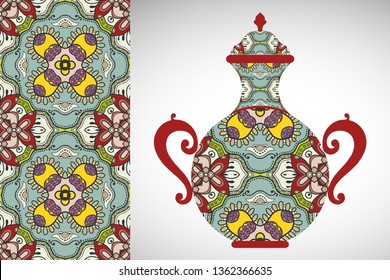 Hand drawn pitcher, vase with ornament and vertical seamless pattern. Decorative doodle texture, isolated elements for textile fabric, paper print, invitation or card design