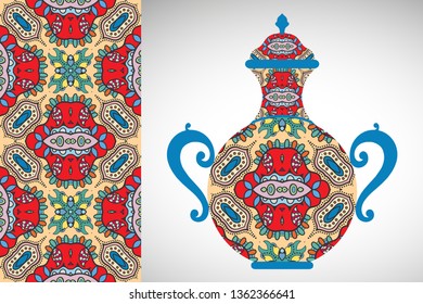 Hand drawn pitcher, vase with ornament and vertical seamless pattern. Decorative doodle texture, isolated elements for textile fabric, paper print, invitation or card design