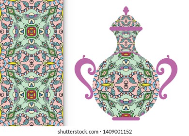 Hand drawn pitcher, vase with ornament and vertical seamless pattern. Decorative doodle texture, isolated elements for textile fabric, paper print, invitation or card design