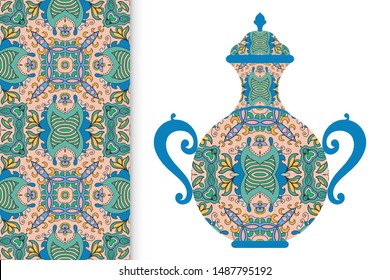 Hand drawn pitcher, vase with ornament and vertical seamless pattern. Decorative doodle texture, isolated elements for textile fabric, paper print, invitation or card design