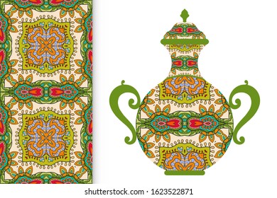 Hand drawn pitcher, vase with ornament and vertical seamless pattern. Decorative doodle texture, isolated elements for textile fabric, paper print, invitation or card design