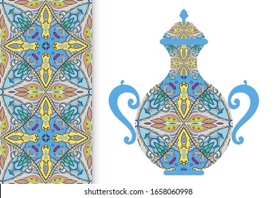 Hand drawn pitcher, vase with ornament and vertical seamless pattern. Decorative doodle texture, isolated elements for textile fabric, paper print, invitation or card design