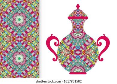 Hand drawn pitcher, vase with ornament and vertical seamless pattern. Decorative doodle texture, isolated elements for textile fabric, paper print, invitation or card design
