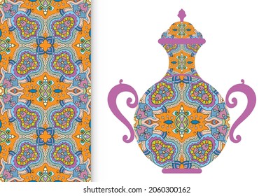 Hand drawn pitcher, vase with ornament and vertical seamless pattern. Decorative doodle texture, isolated elements for textile fabric, paper print, invitation or card design
