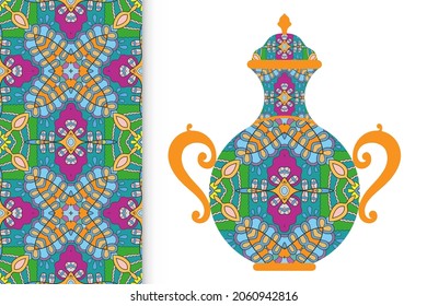 Hand drawn pitcher, vase with ornament and vertical seamless pattern. Decorative doodle texture, isolated elements for textile fabric, paper print, invitation or card design