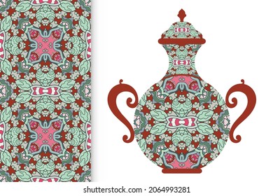 Hand drawn pitcher, vase with ornament and vertical seamless pattern. Decorative doodle texture, isolated elements for textile fabric, paper print, invitation or card design