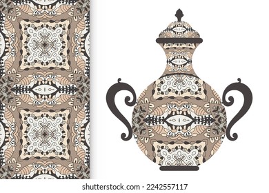 Hand drawn pitcher, vase with ornament and vertical seamless pattern. Decorative doodle texture, isolated elements for textile fabric, paper print, invitation or card design
