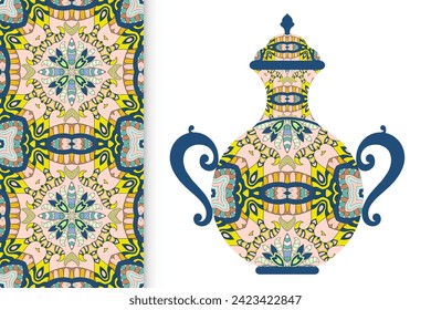 Hand drawn pitcher, vase with ornament and vertical seamless pattern. Decorative doodle texture, isolated elements for textile fabric, paper print, invitation or card design