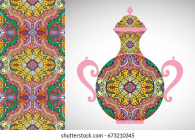 Hand drawn pitcher, vase with ornament and vertical seamless pattern. Decorative doodle texture, isolated elements for textile fabric, paper print, invitation or card design