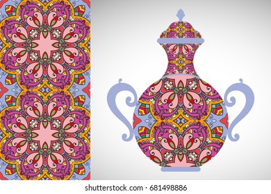 Hand drawn pitcher, vase with ornament and vertical seamless pattern. Decorative doodle texture, isolated elements for textile fabric, paper print, invitation or card design