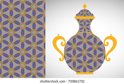Hand drawn pitcher, vase with ornament and geometric seamless pattern. Decorative doodle texture, isolated elements for textile fabric, paper print, invitation or card design