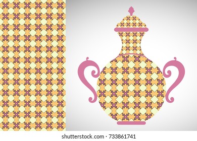 Hand drawn pitcher, vase with ornament and geometric seamless pattern. Decorative doodle texture, isolated elements for textile fabric, paper print, invitation or card design