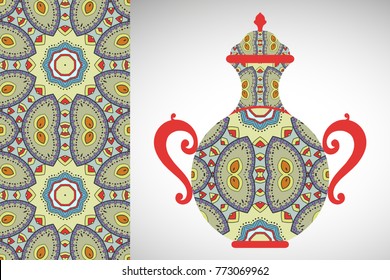 Hand drawn pitcher, vase with ornament and vertical seamless pattern. Decorative doodle texture, isolated elements for textile fabric, paper print, invitation or card design