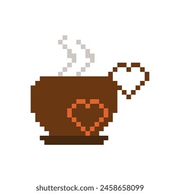 Hand drawn pixel art pf Ceramic Mug, Hot Coffee and Smoke