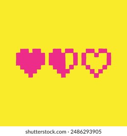 Hand drawn pixel health bar hearts. Vector illustration