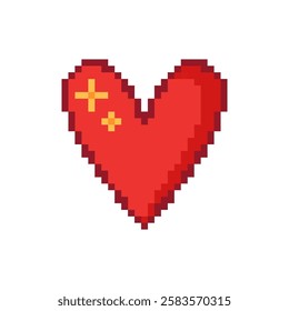 Hand drawn pixel red heart with stars. Vector illustration on a white background.