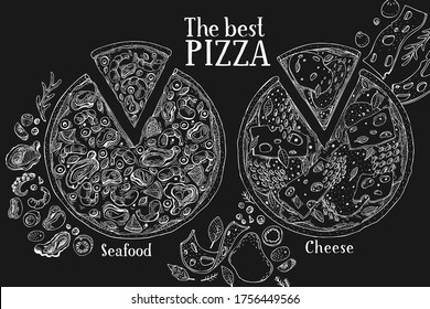 Hand drawn pizza banner. Vector Italian pizza illustrations on chalk board. Vintage fast food background