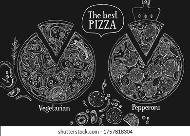 Hand drawn pizza banner. Vector Italian pizza illustrations on chalk board. Vintage fast food background